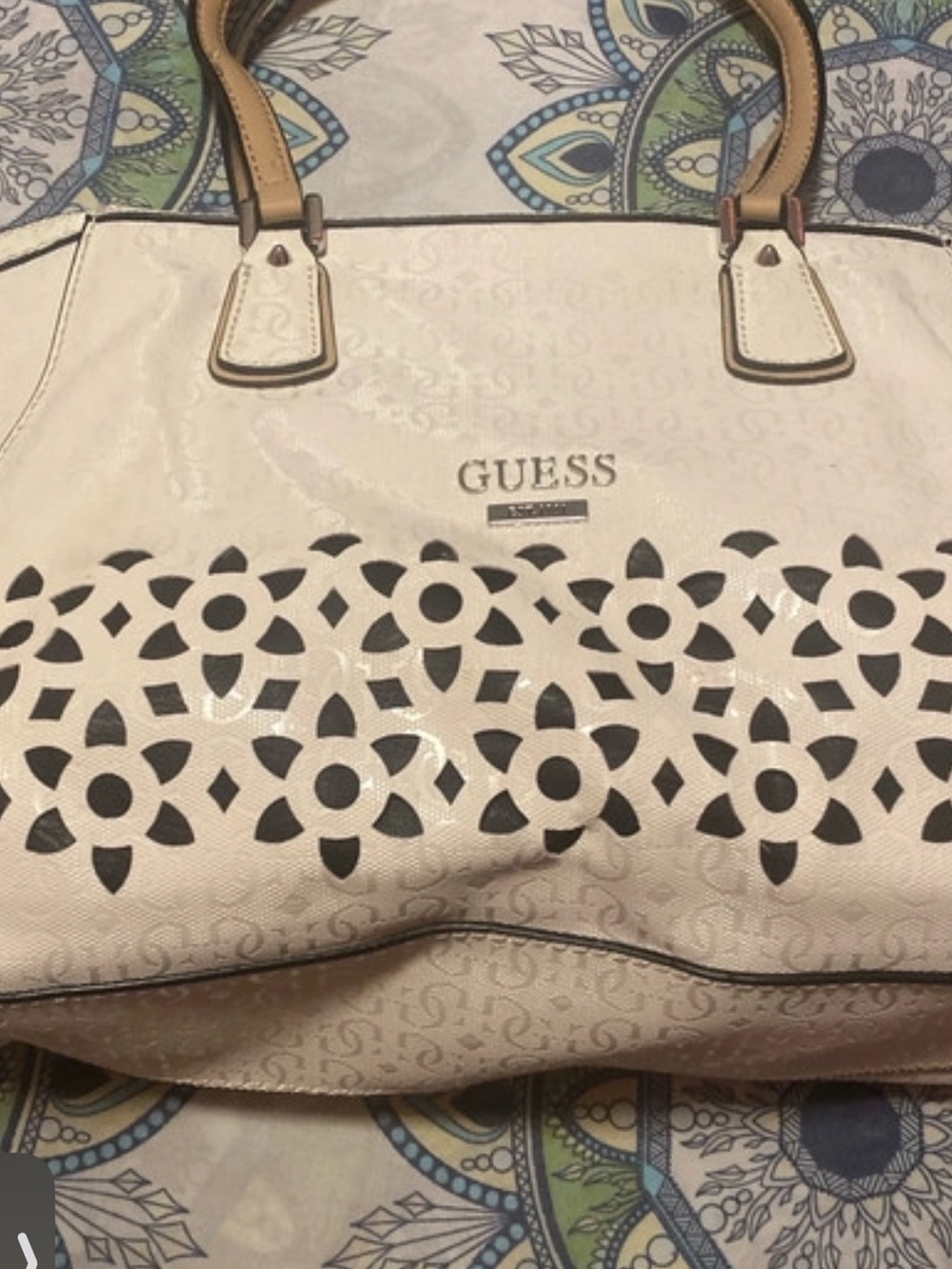 GUESS Cream Tote with Cutout Floral Overlay and Tan Handles